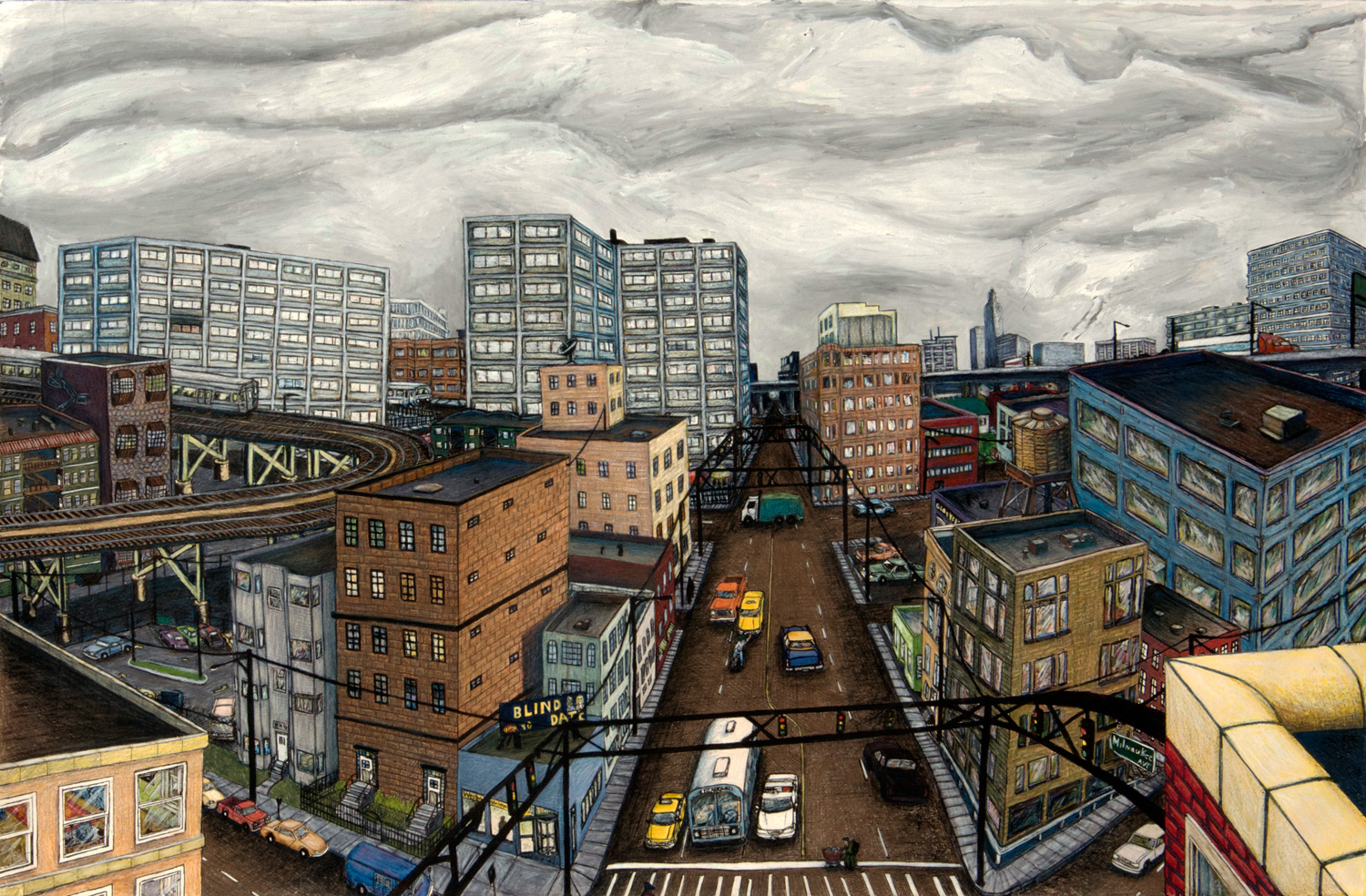 City #3 ink and watercolor pencil drawing with acrylic paint (Chicago imaginary cityscape), by Billy Reiter