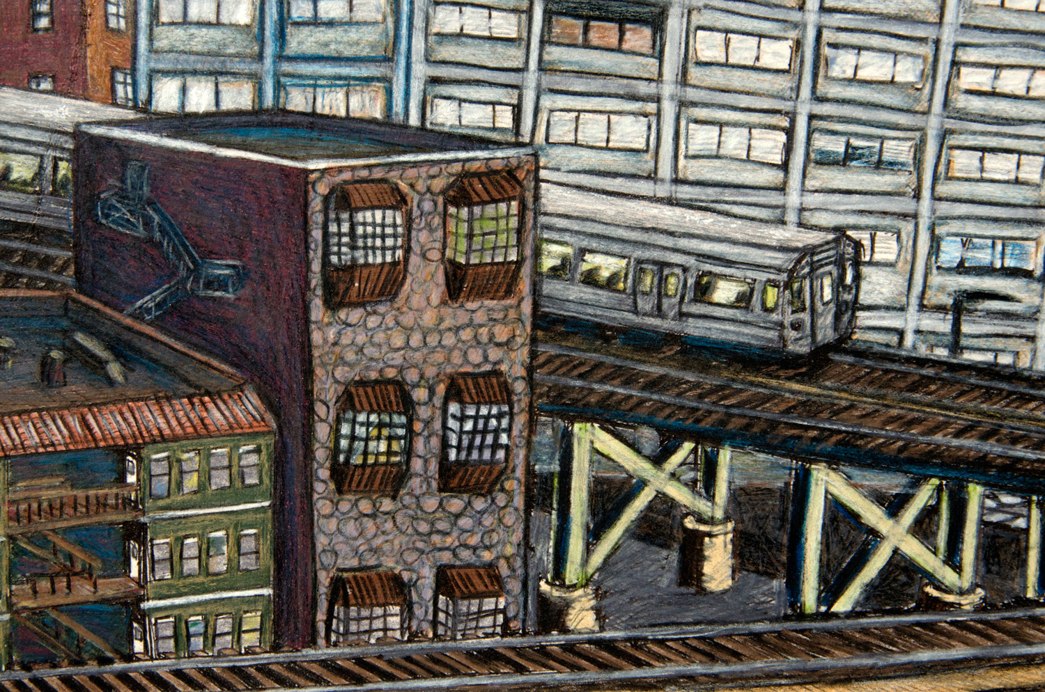 City #3 ink and watercolor pencil drawing with acrylic paint (Chicago imaginary cityscape), by Billy Reiter