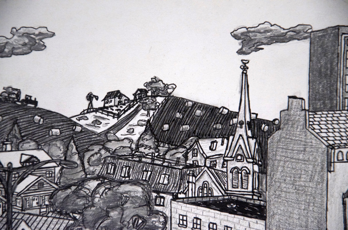 College Town, drawing (Iowa City imaginary cityscape), by Billy Reiter
