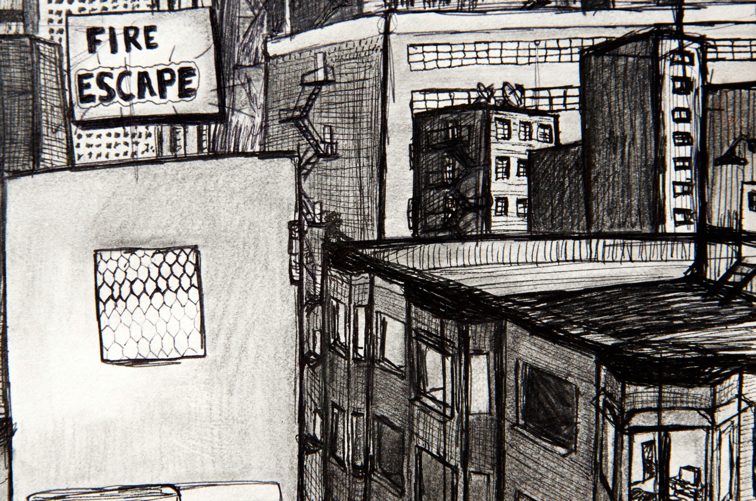 Fire Escape drawing (Chicago imaginary cityscape), by Billy Reiter