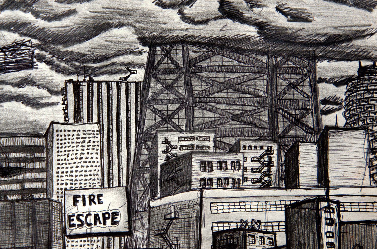 Fire Escape drawing (Chicago imaginary cityscape), by Billy Reiter