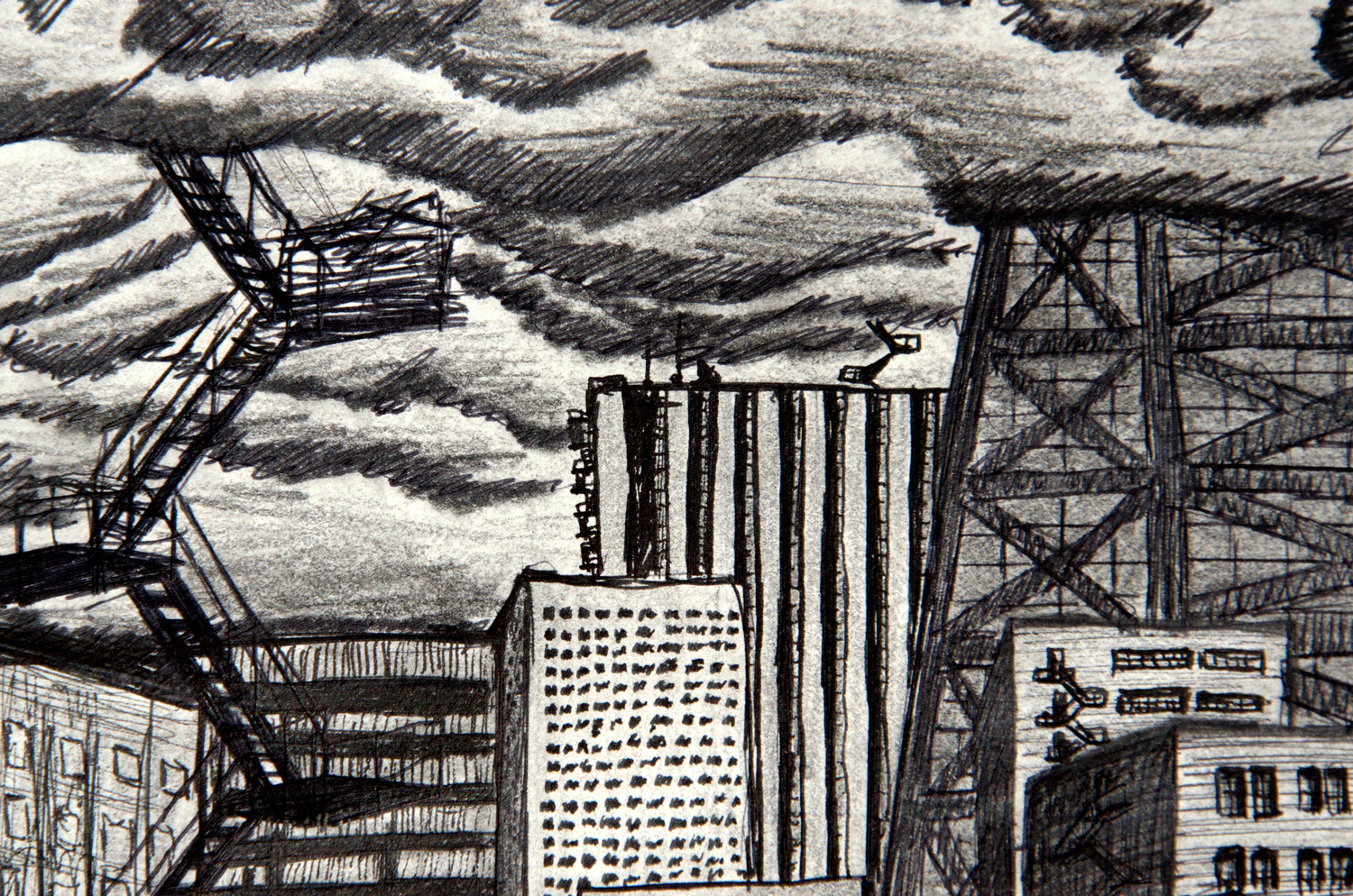 Fire Escape drawing (Chicago imaginary cityscape), by Billy Reiter