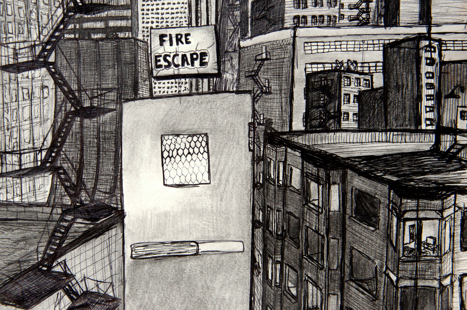 Fire Escape drawing (Chicago imaginary cityscape), by Billy Reiter