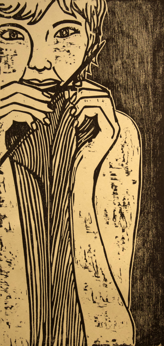 Sister woodcut print, by Tara Marolf