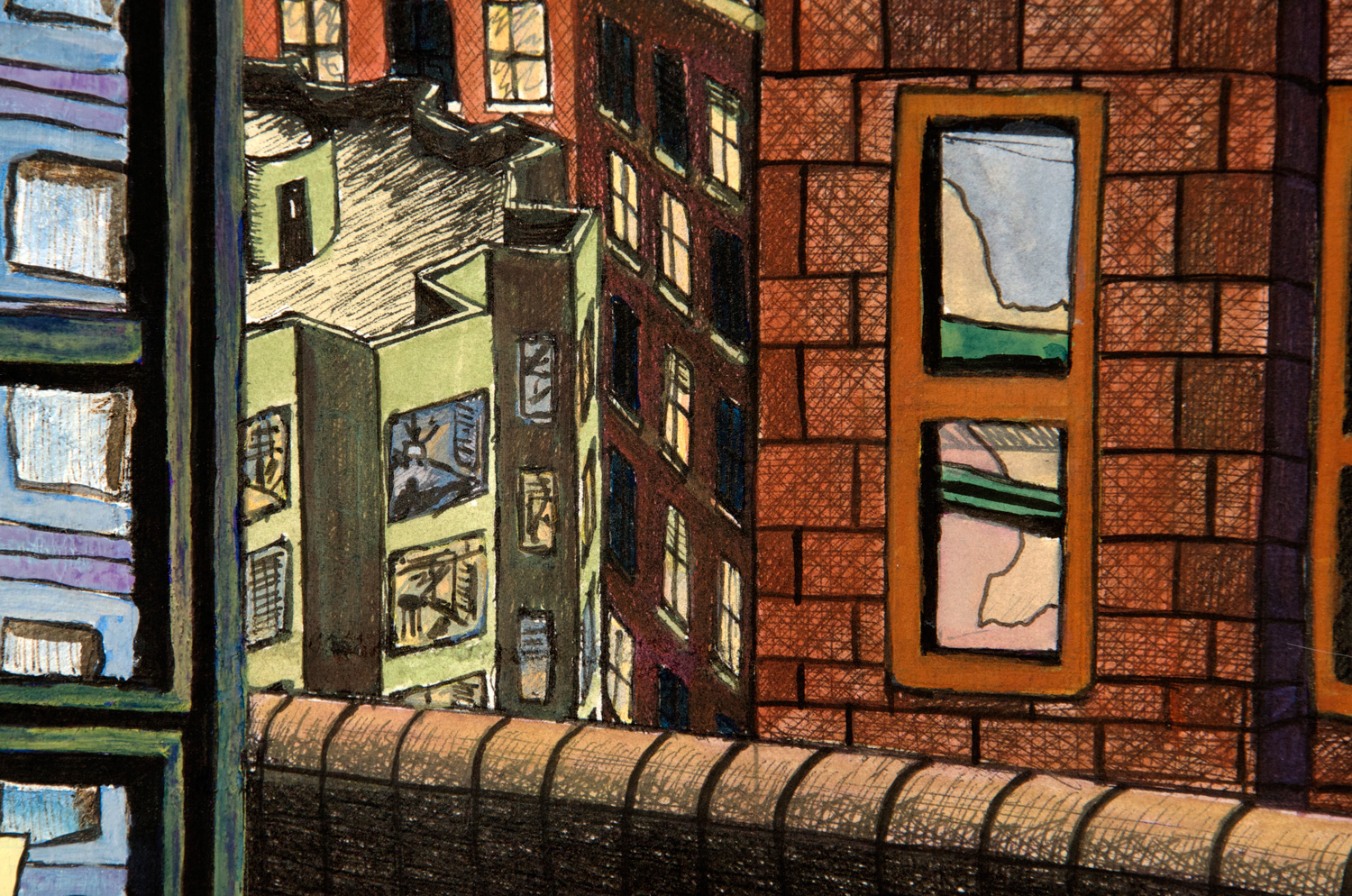 More Than One Sun ink and gouche painting (Chicago imaginary cityscape), by Billy Reiter
