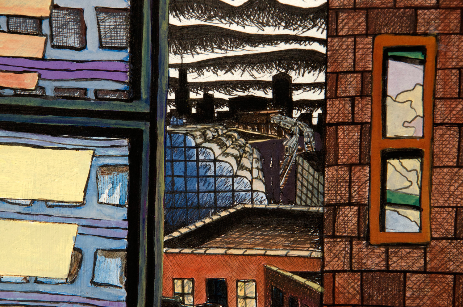 More Than One Sun ink and gouche painting (Chicago imaginary cityscape), by Billy Reiter