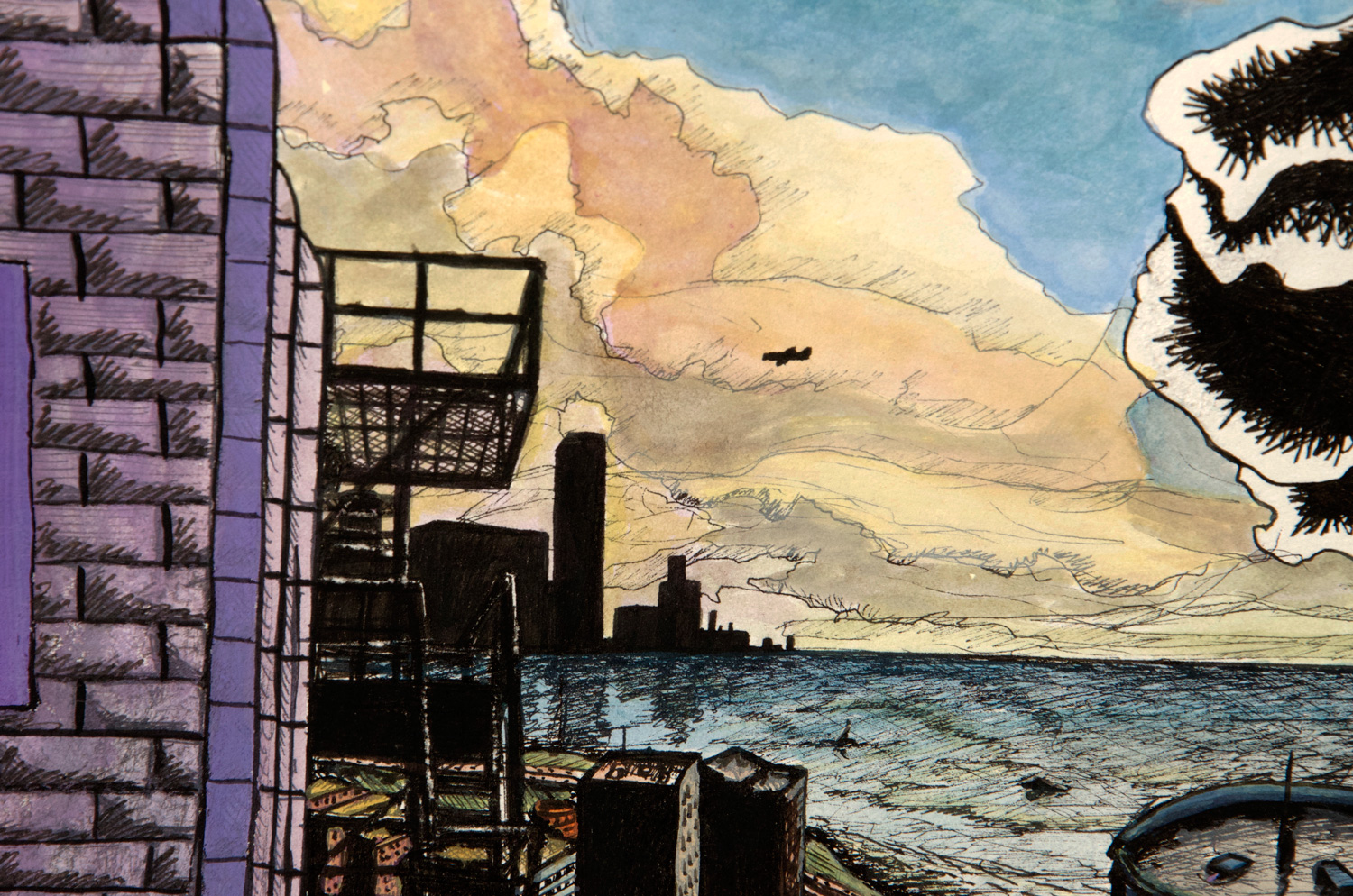 More Than One Sun ink and gouche painting (Chicago imaginary cityscape), by Billy Reiter