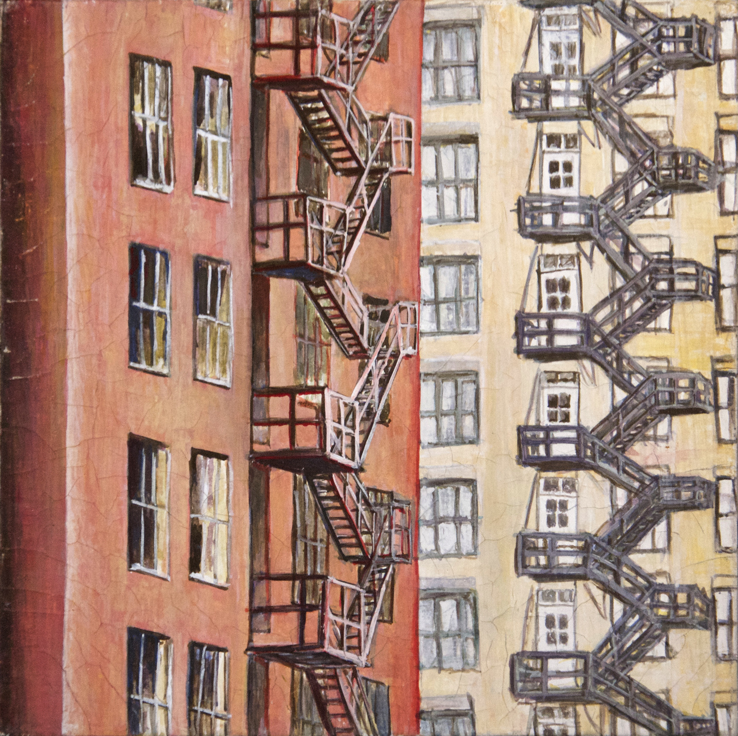 Red & Yellow Fire Escapes (Chicago) gouche painting, by Billy Reiter