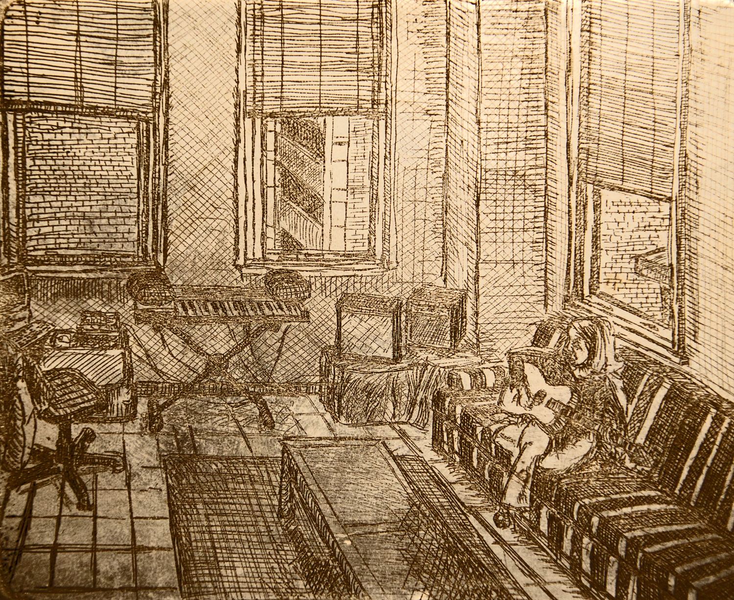 Tara Playing Guitar etching plate, by Billy Reiter