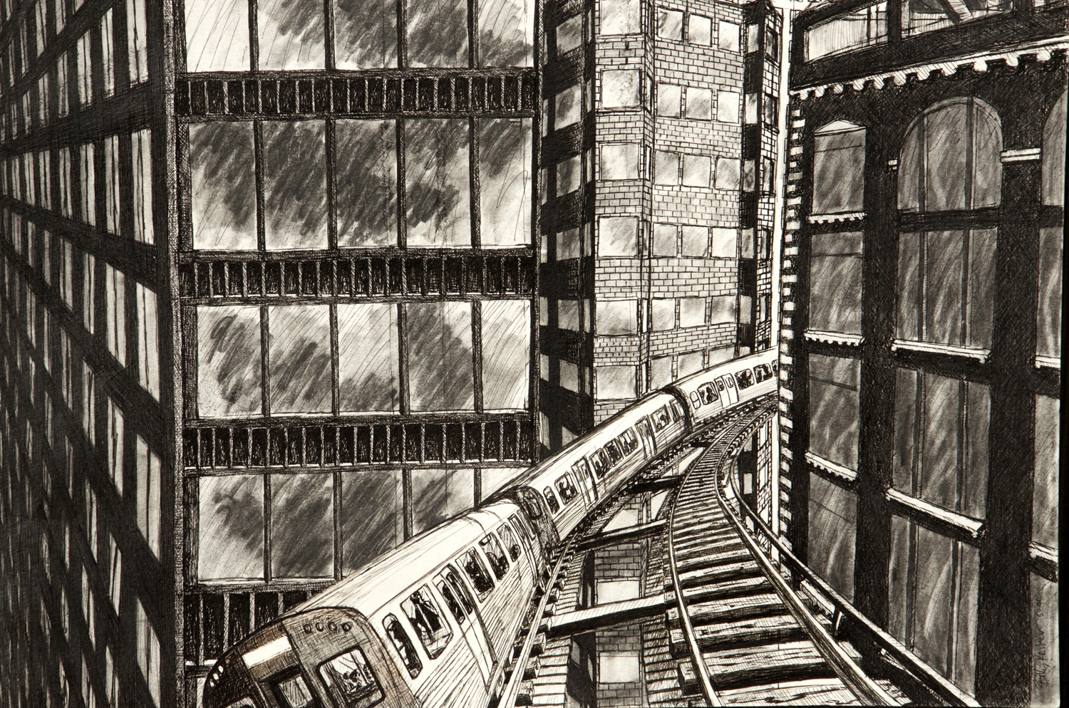 The Turbulent City drawing (Chicago imaginary cityscape), by Billy Reiter