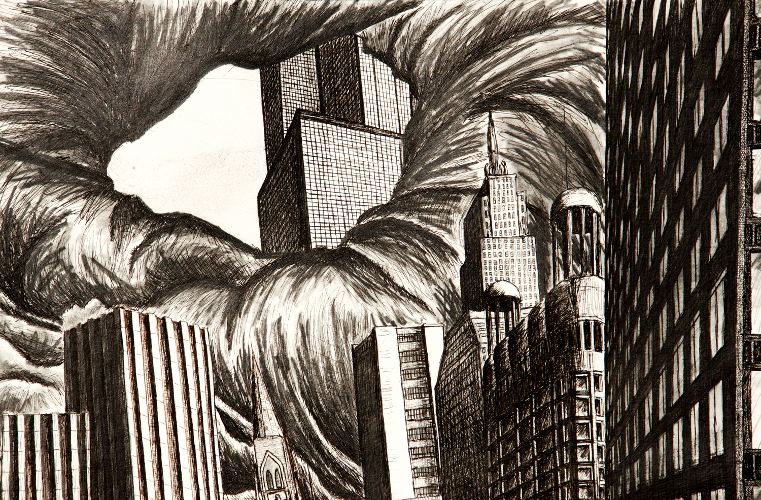 The Turbulent City drawing (Chicago imaginary cityscape), by Billy Reiter