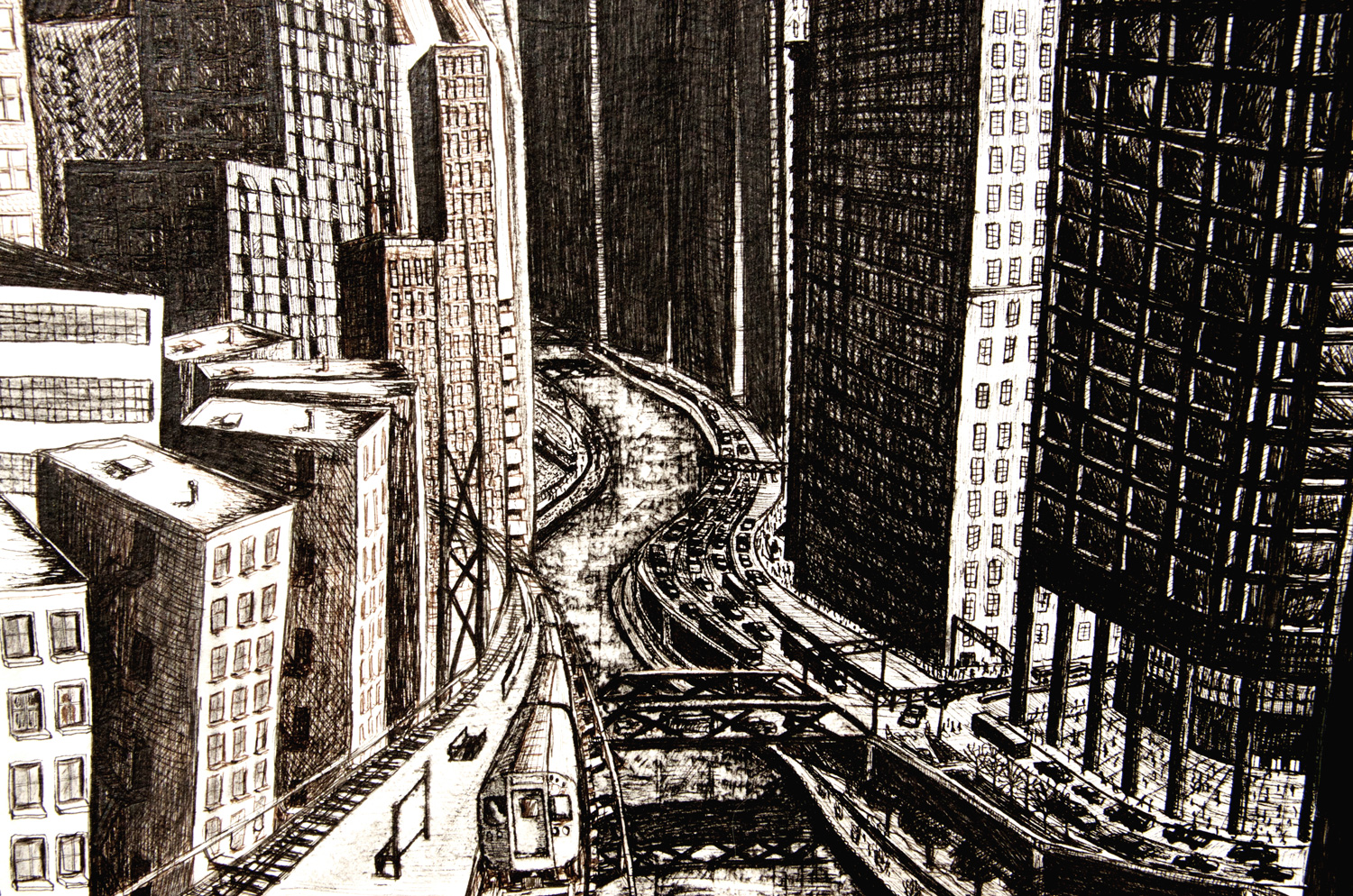 The Turbulent City drawing (Chicago imaginary cityscape), by Billy Reiter