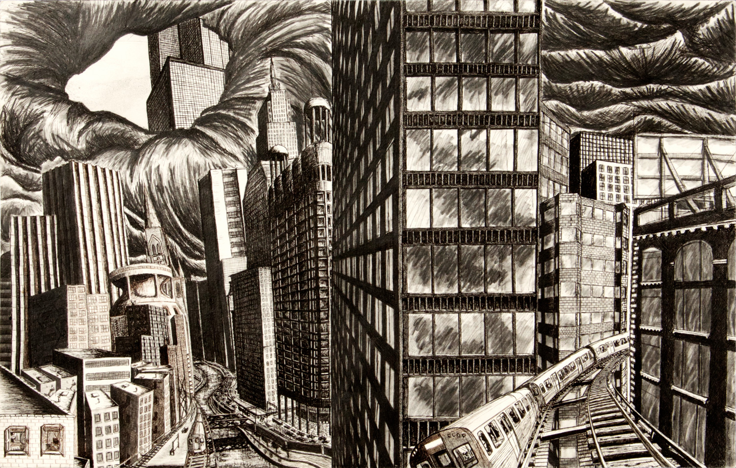 The Turbulent City drawing (Chicago imaginary cityscape), by Billy Reiter
