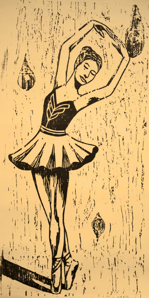 Ballerina, woodcut printed on paper, 18″x30″, © 2004 Tara Marolf