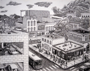 College Town drawing (Iowa City imaginary cityscape), by Billy Reiter