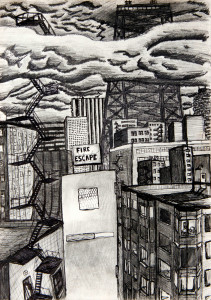 Fire Escape drawing (Chicago imaginary cityscape), by Billy Reiter