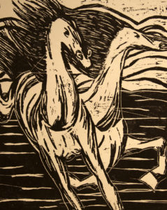 Horses, woodcut printed on paper, 11″x14″, © 2002 Tara Marolf