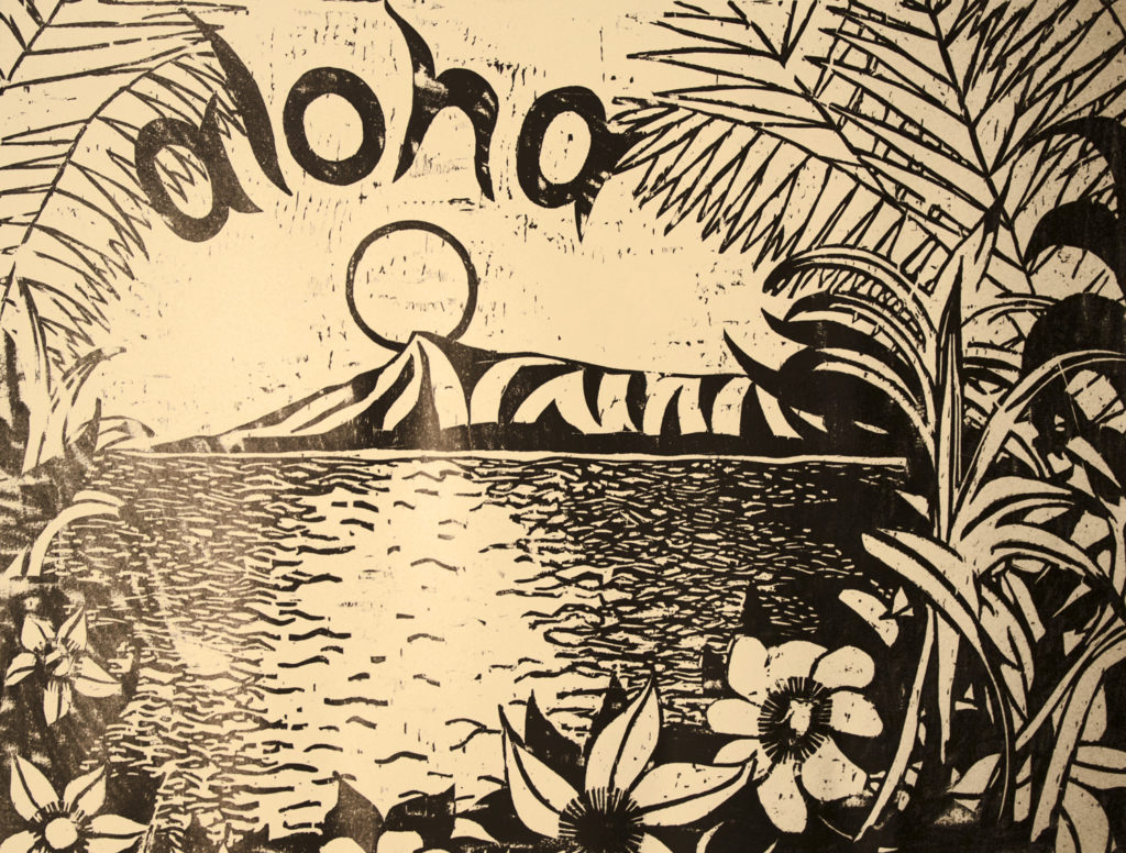 Aloha, woodcut printed on paper, 24″x18″, © 2004 Tara Marolf