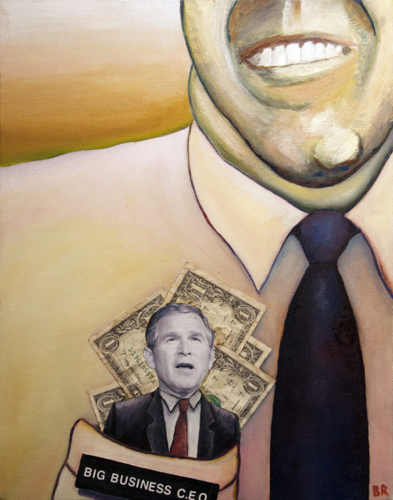 Best Seat In The House, oil paint and paper on canvas, 11″x14″, © 2001 Billy Reiter, published in Z Magazine, June 2002