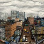 City #3 ink and watercolor pencil drawing with acrylic paint (Chicago imaginary cityscape), by Billy Reiter