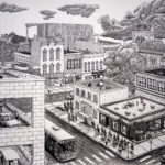 College Town, drawing (Iowa City imaginary cityscape), by Billy Reiter