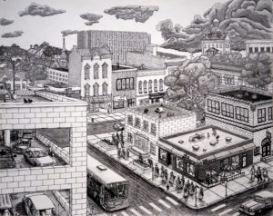 College Town, graphite and ink on paper, 24″x19″, unpaid commission, © 2004 Billy Reiter