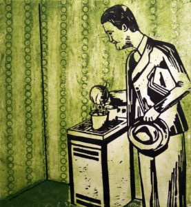 Dinner's Ready woodcut print, by Tara Marolf