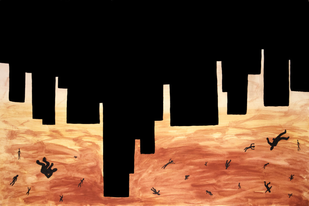 Evacuation #2, gouche and acrylic paint on paper, 40″x26″, © 2001 Billy Reiter