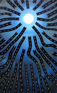 Every Road Leads Here #2, oil paint and ink on canvas, 18″x30″, © 2001 Billy Reiter