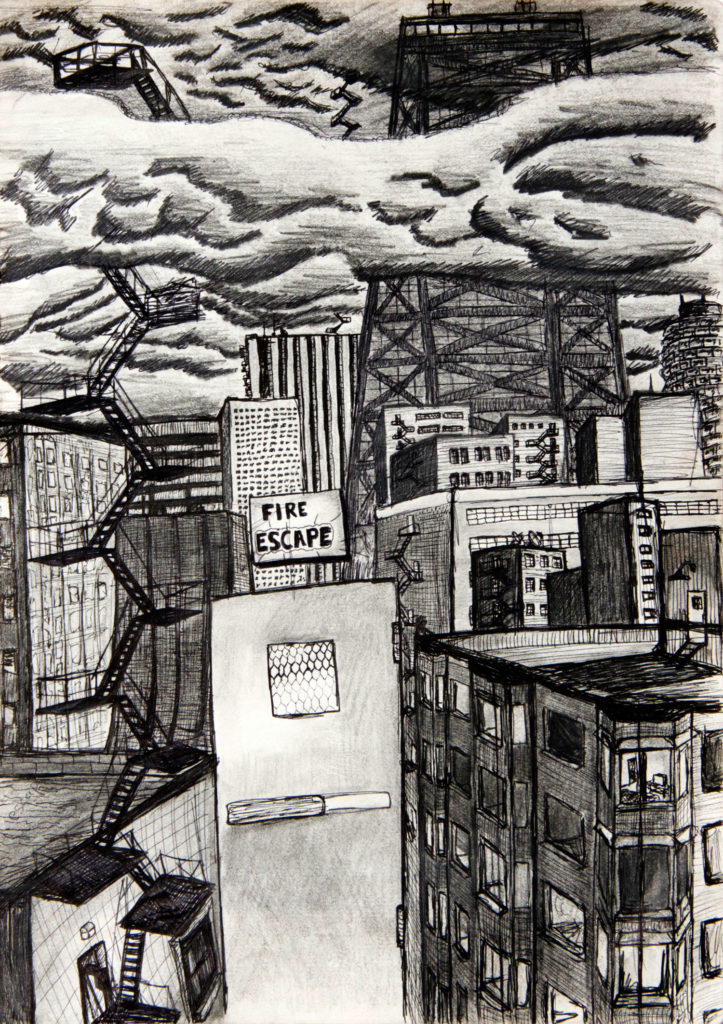 Fire Escape, graphite and ink on paper, 8.5"x12", © 2000 Billy Reiter