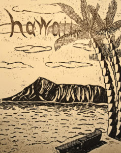 Hawaii, woodcut printed on paper, 24″x18″, © 2004 Tara Marolf