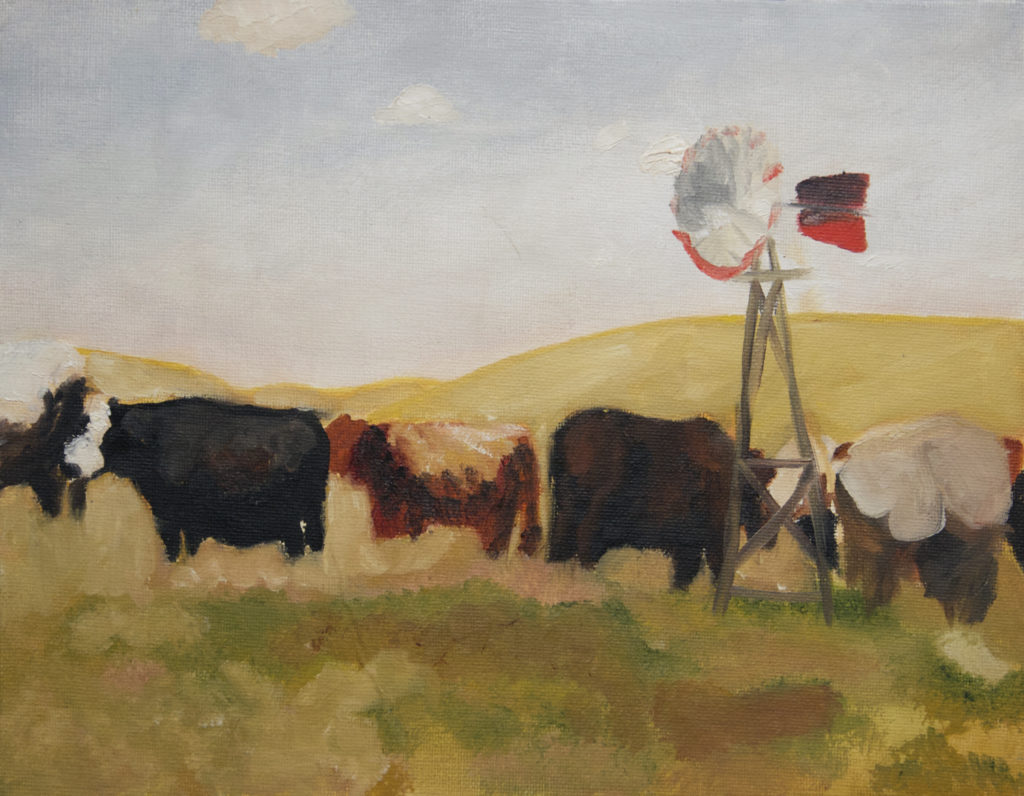 Nebraska Cows, oil paint on canvas, 11"x8.5", © 2001 Billy Reiter