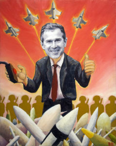 No Guns No Glory, oil paint and paper on canvas, 11″x14″, © 2001 Billy Reiter, published in Z Magazine, May 2002