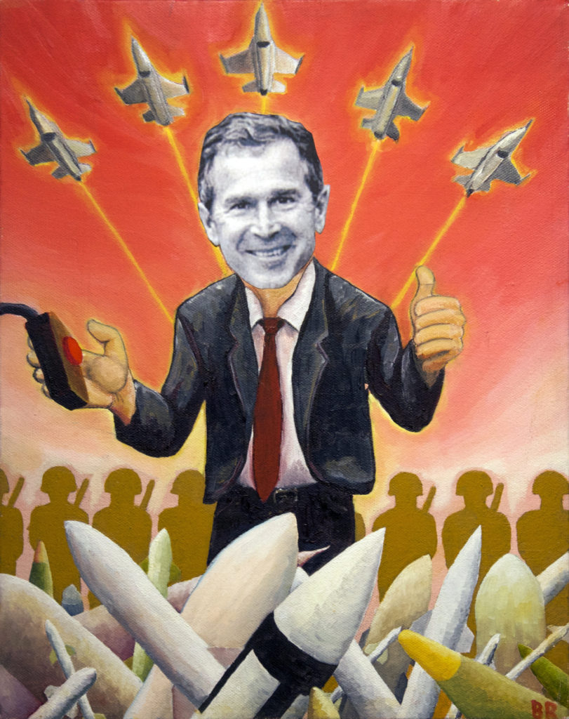 No Guns No Glory, oil paint and paper on canvas, 11″x14″, © 2001 Billy Reiter, published in Z Magazine, May 2002