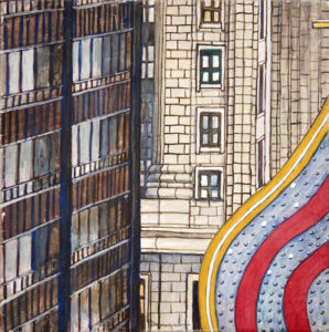 Randolph Street Trio (Chicago), gouche paint on gessoed hardboard, 10″x10″, © 2002 Billy Reiter