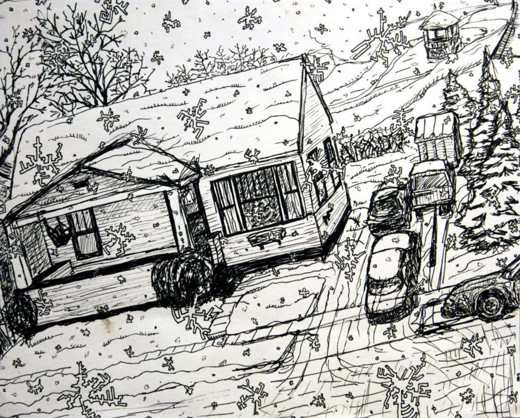 Tara's House - Winter, ink on paper, 10″x8″, © 2001 Billy Reiter