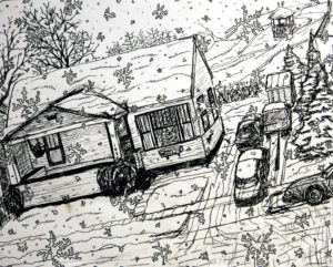Tara's House - Winter, ink on paper, 10″x8″, © 2001 Billy Reiter