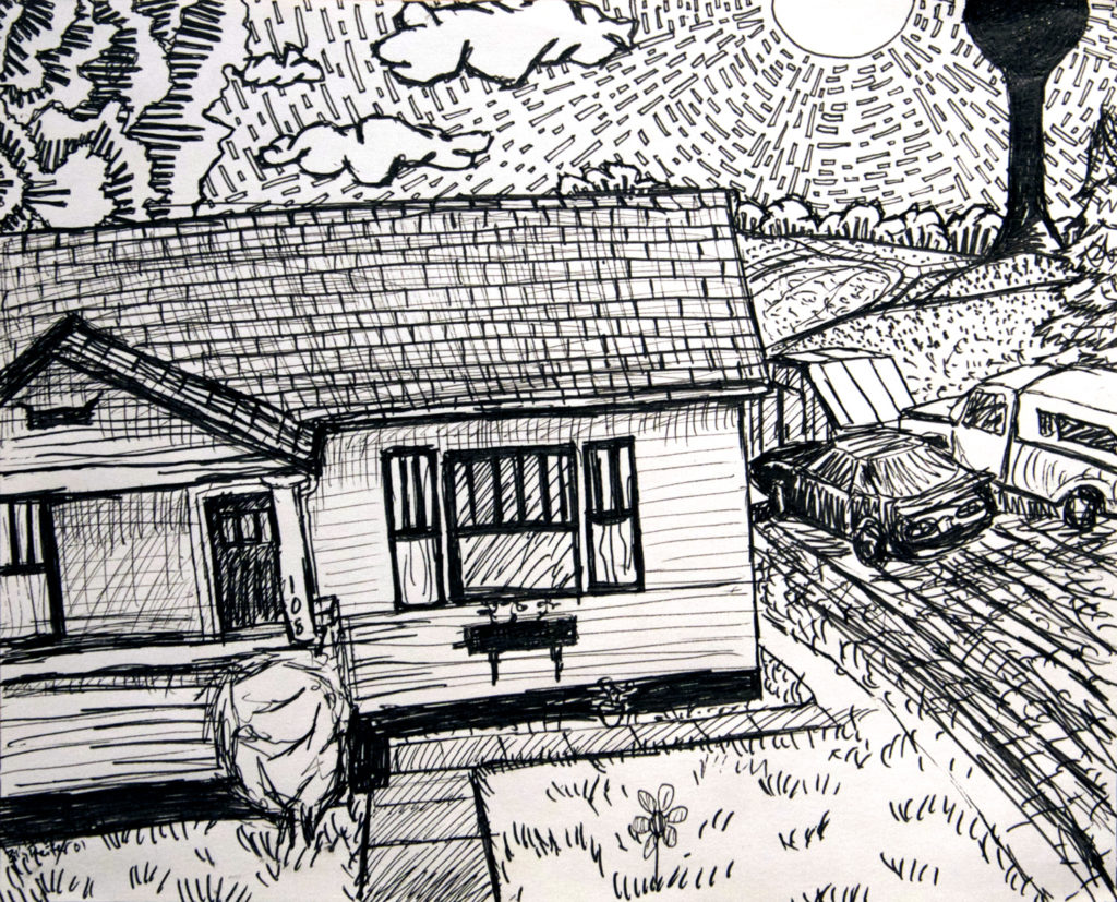 Tara's House - Winter, ink on paper, 10″x8″, © 2001 Billy Reiter