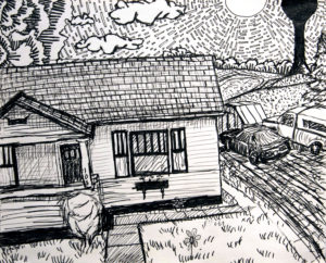 Tara's House - Winter, ink on paper, 10″x8″, © 2001 Billy Reiter