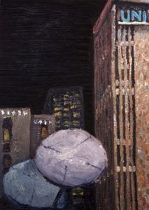 The Mystery Of Unitrin (Chicago), oil paint on canvas, 11″x14″, © 2002 Billy Reiter