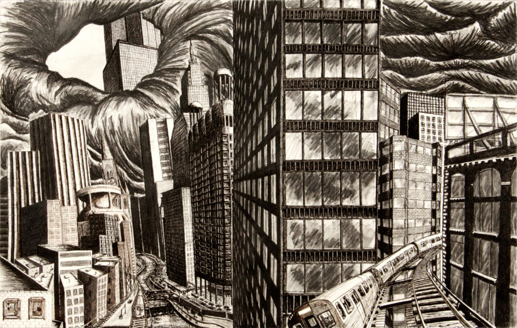 The Turbulent City, graphite and ink on paper, 40"x26", © 2001 Billy Reiter