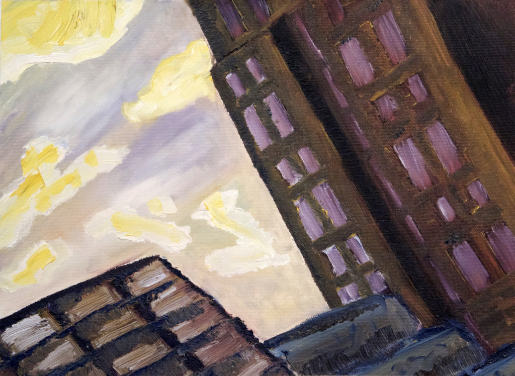 Yellow & Purple Sunset (Chicago), oil paint on canvas, 11″x14″, © 2002 Billy Reiter