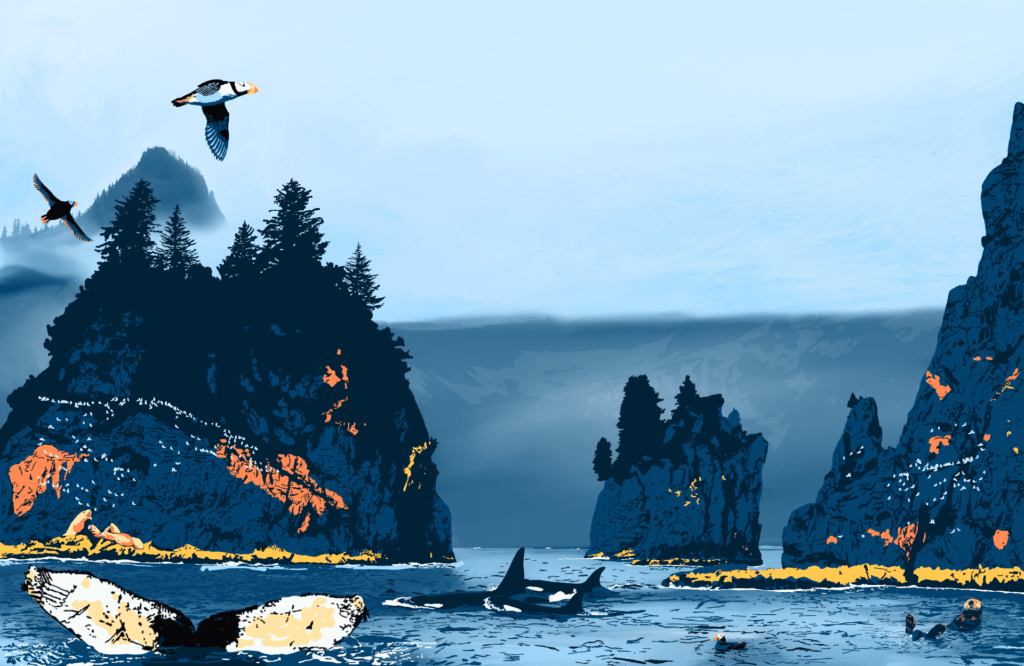 Wild Alaska Coast, digital painting, 17.15"x11.15", © 2023 Billy Reiter-Marolf, created for the U.S. Fish and Wildlife Service, Partners for Fish and Wildlife Program's 35th Anniversary Evaluation Summary.