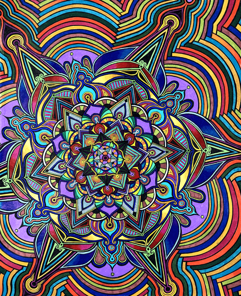 Flowers #9, pen and colored pencil on paper, 14″x17″, © 2020 Tara Marolf