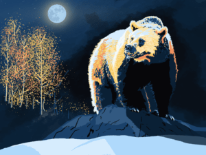 Grizzly bear with Aspen, digital painting, 17.15"x11.15", © 2023 Billy Reiter-Marolf, created for the U.S. Fish and Wildlife Service, Partners for Fish and Wildlife Program's 35th Anniversary Evaluation Summary.