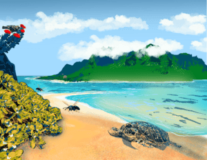 Hawaiian Coast with Green Turtle, Crested Honeycreeper, and Yellow-faced Bee, digital painting, 17.15″x11.15", © 2023 Billy Reiter-Marolf, created for the U.S. Fish and Wildlife Service, Partners for Fish and Wildlife Program's 35th Anniversary Evaluation Summary.