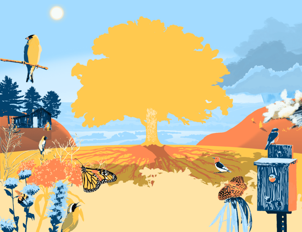 Tallgrass prairie and oak bluffs above the Upper Mississippi River in the Driftless Area, digital painting, 17.15"x11.15", © 2023 Billy Reiter-Marolf, created for the U.S. Fish and Wildlife Service, Partners for Fish and Wildlife Program's 35th Anniversary Evaluation Summary.
