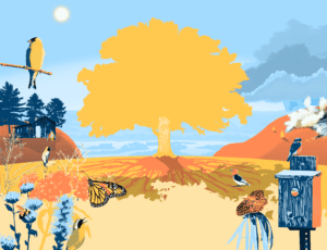 Tallgrass prairie and oak bluffs above the Upper Mississippi River in the Driftless Area, digital painting, 17.15"x11.15", © 2023 Billy Reiter-Marolf, created for the U.S. Fish and Wildlife Service, Partners for Fish and Wildlife Program's 35th Anniversary Evaluation Summary.