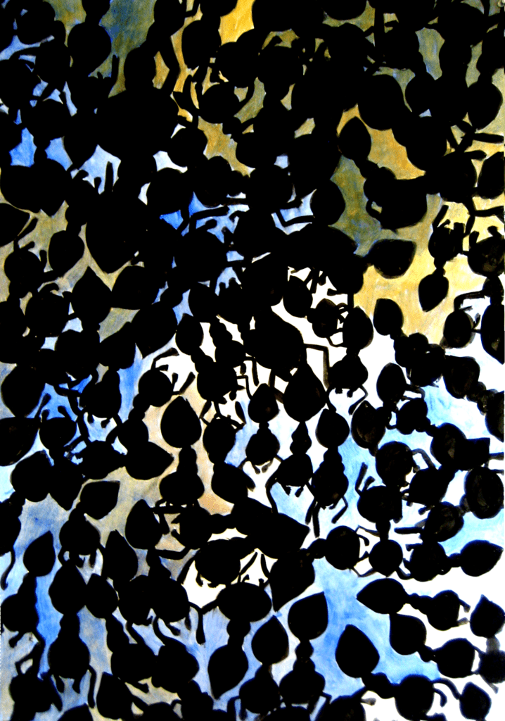 Ant Silhouettes, gouche paint on paper, 2'x3', © 2001 Billy Reiter