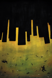 Evacuation #1, gouche and acrylic paint on paper, 40″x26″, © 2001 Billy Reiter